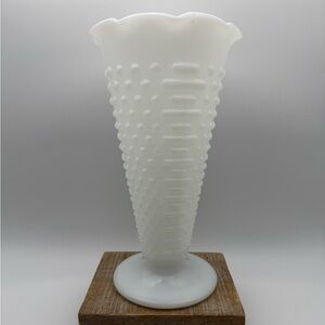 Vintage White Trumpet Vase: Scalloped‎ Edge Hobnail Milk Glass Anchor Hocking